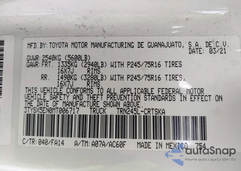 2021 Toyota Tacoma Sr z USA, uszkodzony, nr VIN 3TYSX5EN0MT006717